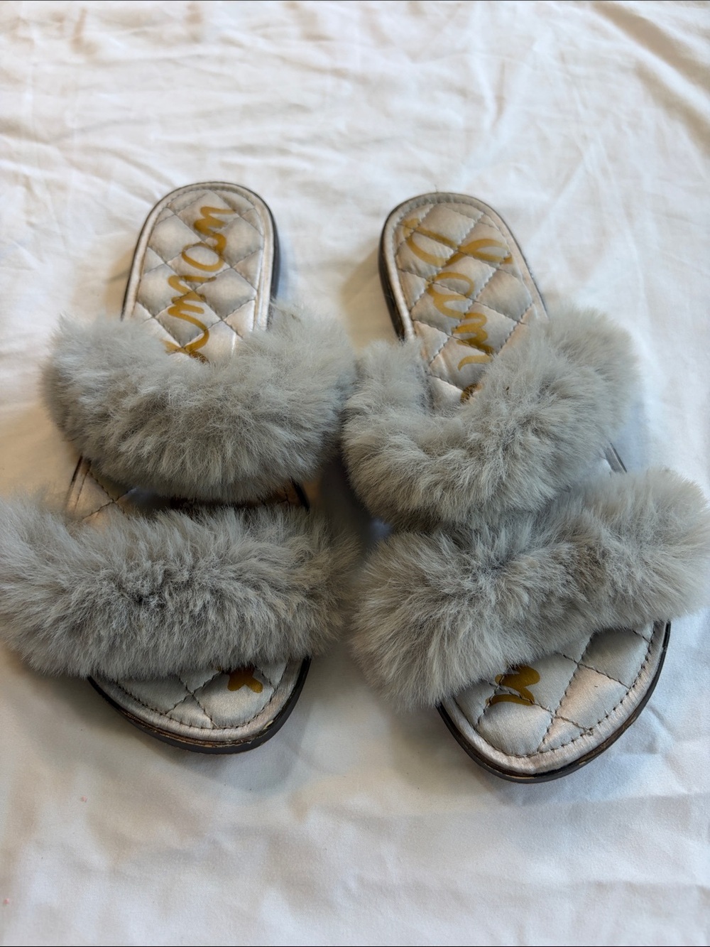 Sam Edelman Light Gray Faux Fur Double-Band Slide Sandals